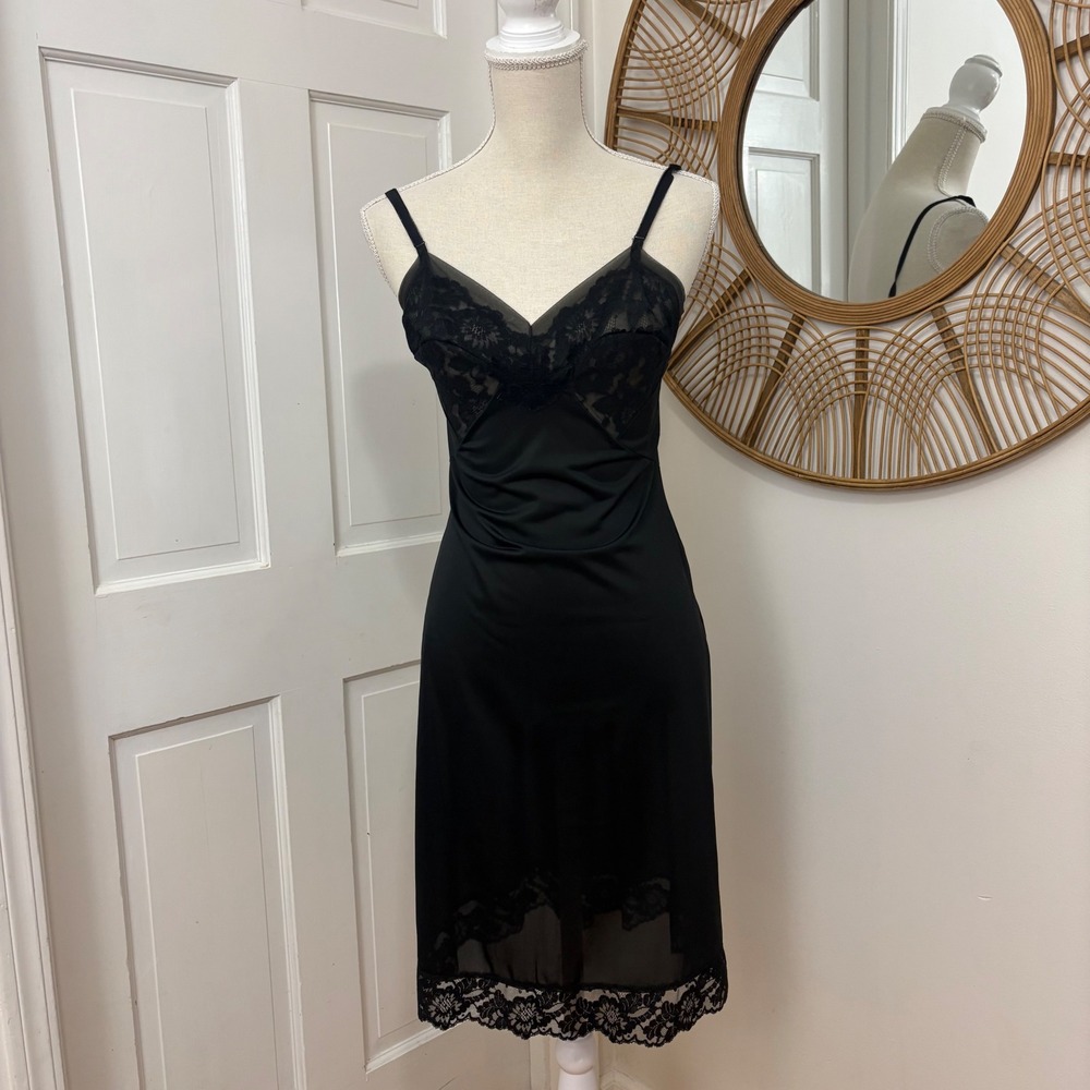 VTG Warners Full Slip Dress S 34 Black Nylon Lace Whimsigoth Y2K Coquette